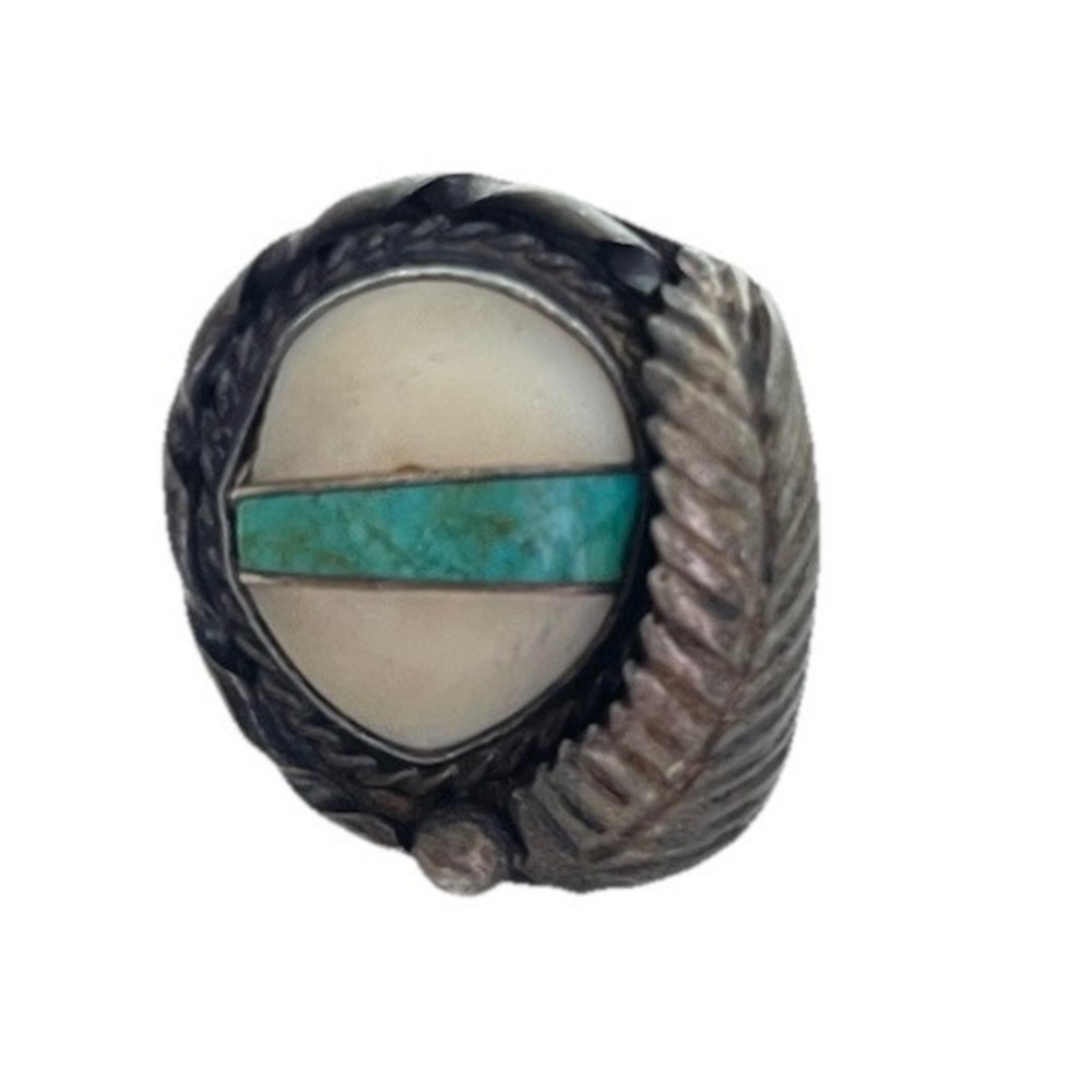 Vintage Sterling Silver Navajo Feather Turquoise Ring‎ Size 4